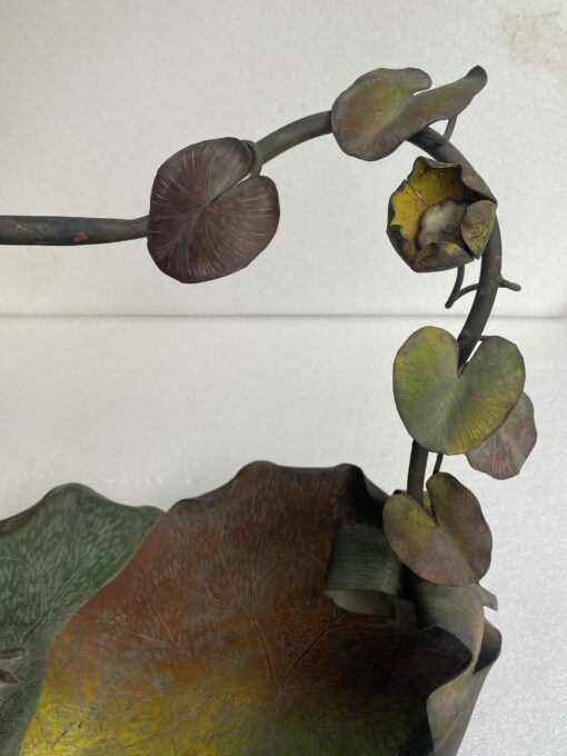 1900' Art Nouveau Patinated Bronze Fruit Basket, Japanese Crane And Water Lilies 47 X 58 X H 54 cm - Image 5