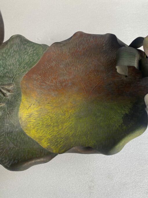 1900' Art Nouveau Patinated Bronze Fruit Basket, Japanese Crane And Water Lilies 47 X 58 X H 54 cm - Image 6