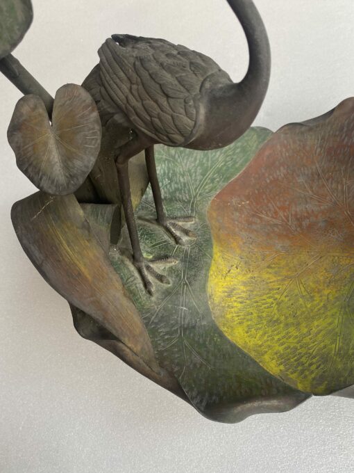 1900' Art Nouveau Patinated Bronze Fruit Basket, Japanese Crane And Water Lilies 47 X 58 X H 54 cm - Image 7