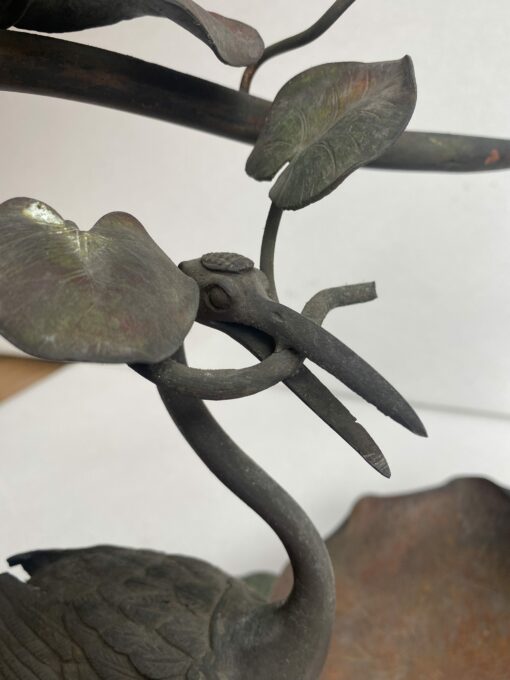 1900' Art Nouveau Patinated Bronze Fruit Basket, Japanese Crane And Water Lilies 47 X 58 X H 54 cm - Image 15
