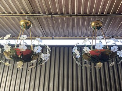 1970' Series of 3 Golden Brass Chandeliers Maison Bagués Or Banci Style Colored Glass Flowers