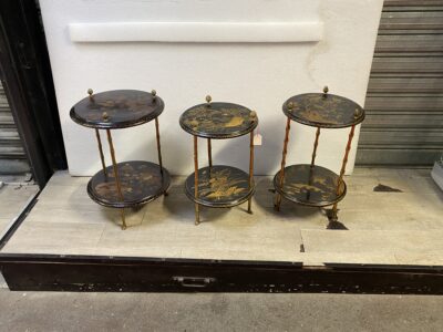 1970′ Suite of 3 Pedestal Tables Maison Baguès Style Bamboo Decor in Gilt Bronze With Chinese Lacquer Trays (HOLD)