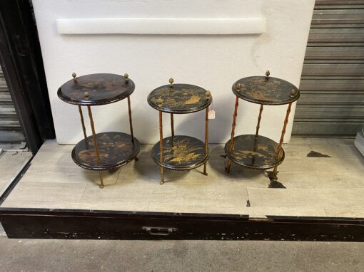 1970′ Suite of 3 Pedestal Tables Maison Baguès Style Bamboo Decor in Gilt Bronze With Chinese Lacquer Trays (HOLD)