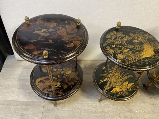 1970′ Suite of 3 Pedestal Tables Maison Baguès Style Bamboo Decor in Gilt Bronze With Chinese Lacquer Trays (HOLD) - Image 2