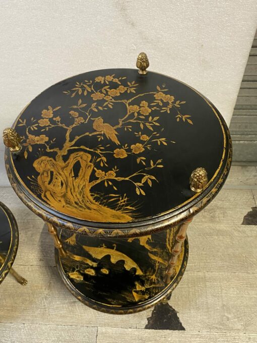 1970′ Suite of 3 Pedestal Tables Maison Baguès Style Bamboo Decor in Gilt Bronze With Chinese Lacquer Trays (HOLD) - Image 14
