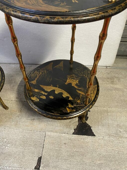 1970′ Suite of 3 Pedestal Tables Maison Baguès Style Bamboo Decor in Gilt Bronze With Chinese Lacquer Trays (HOLD) - Image 13