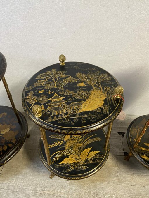 1970′ Suite of 3 Pedestal Tables Maison Baguès Style Bamboo Decor in Gilt Bronze With Chinese Lacquer Trays (HOLD) - Image 12