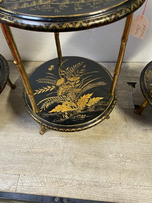 1970′ Suite of 3 Pedestal Tables Maison Baguès Style Bamboo Decor in Gilt Bronze With Chinese Lacquer Trays (HOLD) - Image 11