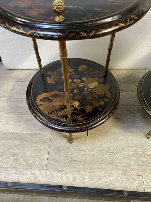 1970′ Suite of 3 Pedestal Tables Maison Baguès Style Bamboo Decor in Gilt Bronze With Chinese Lacquer Trays (HOLD) - Image 9