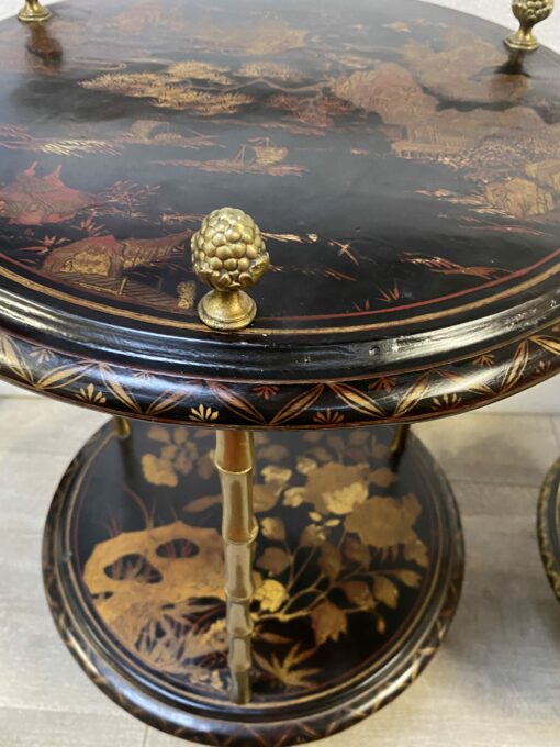 1970′ Suite of 3 Pedestal Tables Maison Baguès Style Bamboo Decor in Gilt Bronze With Chinese Lacquer Trays (HOLD) - Image 8