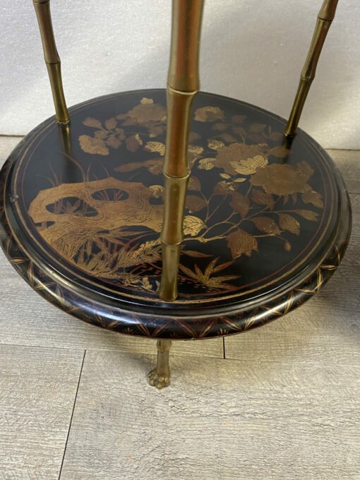 1970′ Suite of 3 Pedestal Tables Maison Baguès Style Bamboo Decor in Gilt Bronze With Chinese Lacquer Trays (HOLD) - Image 7