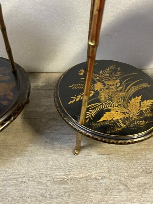 1970′ Suite of 3 Pedestal Tables Maison Baguès Style Bamboo Decor in Gilt Bronze With Chinese Lacquer Trays (HOLD) - Image 6