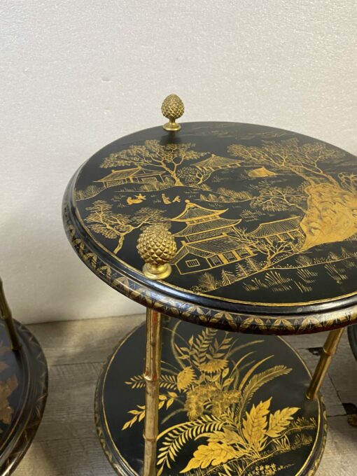 1970′ Suite of 3 Pedestal Tables Maison Baguès Style Bamboo Decor in Gilt Bronze With Chinese Lacquer Trays (HOLD) - Image 5