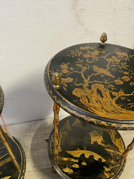 1970′ Suite of 3 Pedestal Tables Maison Baguès Style Bamboo Decor in Gilt Bronze With Chinese Lacquer Trays (HOLD) - Image 4