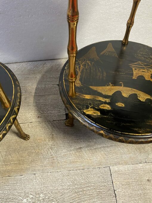 1970′ Suite of 3 Pedestal Tables Maison Baguès Style Bamboo Decor in Gilt Bronze With Chinese Lacquer Trays (HOLD) - Image 3