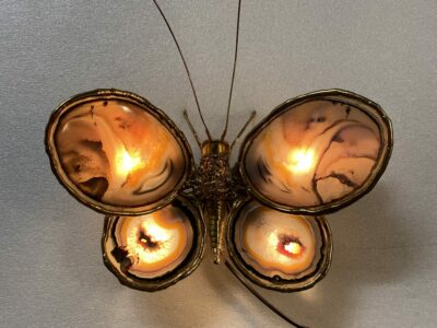 1970' Butterfly Wall Lamp in Bronze or Brass, Duval Brasseur Or Isabelle Faure, 4 Bulbs, Agate Wings: 38 X H 40 cm