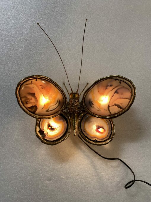 1970' Butterfly Wall Lamp in Bronze or Brass, Duval Brasseur Or Isabelle Faure, 4 Bulbs, Agate Wings: 38 X H 40 cm