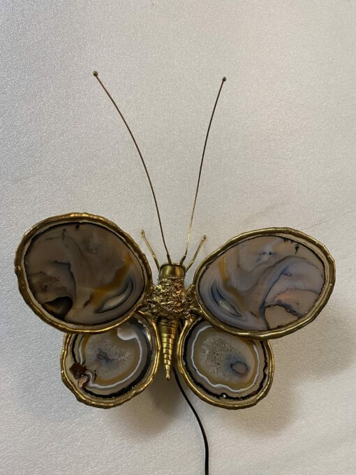 1970' Butterfly Wall Lamp in Bronze or Brass, Duval Brasseur Or Isabelle Faure, 4 Bulbs, Agate Wings: 38 X H 40 cm - Image 2