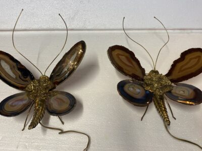 1970’ Pair Of Butterfly Sconces In Bronze Or Brass, Duval Brasseur Or Isabelle Faure, 1 Bulb, Agate Wings: 33 X H 40 cm