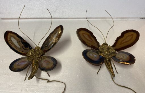 1970’ Paire D' Appliques Papillon en Bronze ou Laiton, Duval Brasseur Ou Isabelle Faure, 1 Ampoule, Ailes d’Agate : 33 X H 40 cm