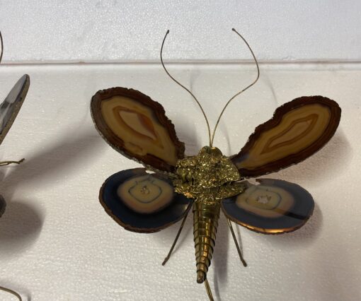 1970’ Paire D' Appliques Papillon en Bronze ou Laiton, Duval Brasseur Ou Isabelle Faure, 1 Ampoule, Ailes d’Agate : 33 X H 40 cm – Image 3
