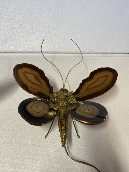 1970’ Paire D' Appliques Papillon en Bronze ou Laiton, Duval Brasseur Ou Isabelle Faure, 1 Ampoule, Ailes d’Agate : 33 X H 40 cm – Image 4