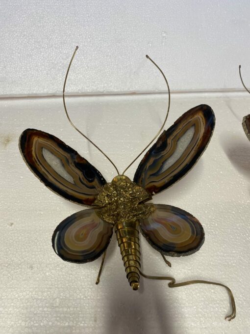 1970’ Paire D' Appliques Papillon en Bronze ou Laiton, Duval Brasseur Ou Isabelle Faure, 1 Ampoule, Ailes d’Agate : 33 X H 40 cm – Image 5