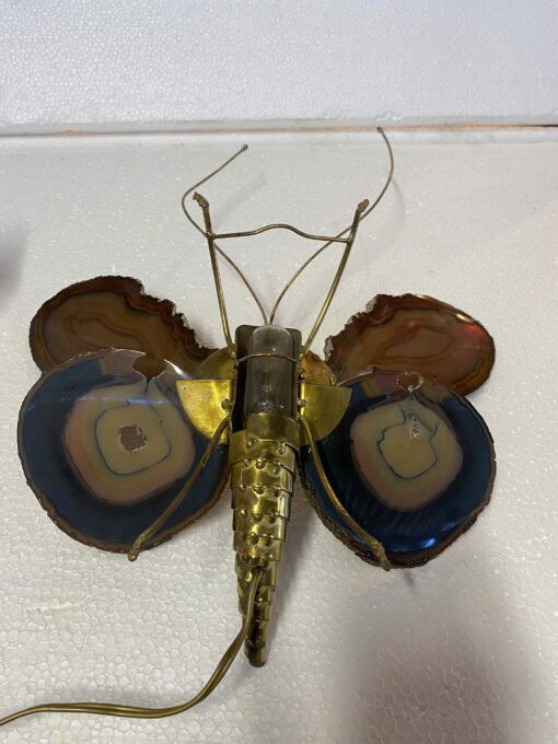 1970’ Paire D' Appliques Papillon en Bronze ou Laiton, Duval Brasseur Ou Isabelle Faure, 1 Ampoule, Ailes d’Agate : 33 X H 40 cm – Image 6