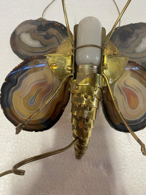 1970’ Paire D' Appliques Papillon en Bronze ou Laiton, Duval Brasseur Ou Isabelle Faure, 1 Ampoule, Ailes d’Agate : 33 X H 40 cm – Image 9