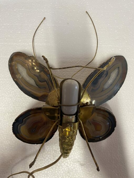 1970’ Paire D' Appliques Papillon en Bronze ou Laiton, Duval Brasseur Ou Isabelle Faure, 1 Ampoule, Ailes d’Agate : 33 X H 40 cm – Image 10