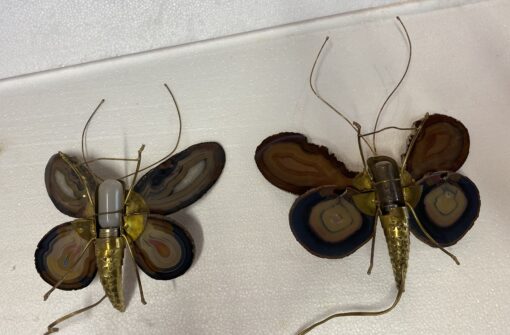 1970’ Paire D' Appliques Papillon en Bronze ou Laiton, Duval Brasseur Ou Isabelle Faure, 1 Ampoule, Ailes d’Agate : 33 X H 40 cm – Image 11