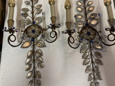 1950/70′ Pair of Maison Baguès Daisy Sconces H 57 cm With Blue Glass Beads