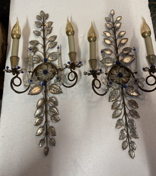 1950/70′ Pair of Maison Baguès Daisy Sconces H 57 cm With Blue Glass Beads
