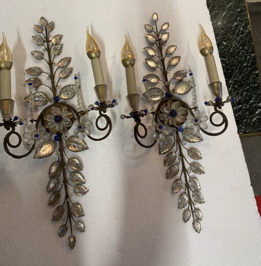 1950/70′ Pair of Maison Baguès Daisy Sconces H 57 cm With Blue Glass Beads - Image 2