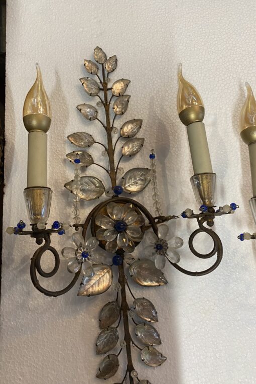 1950/70′ Pair of Maison Baguès Daisy Sconces H 57 cm With Blue Glass Beads - Image 3