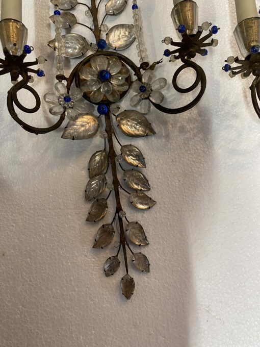 1950/70′ Pair of Maison Baguès Daisy Sconces H 57 cm With Blue Glass Beads - Image 4