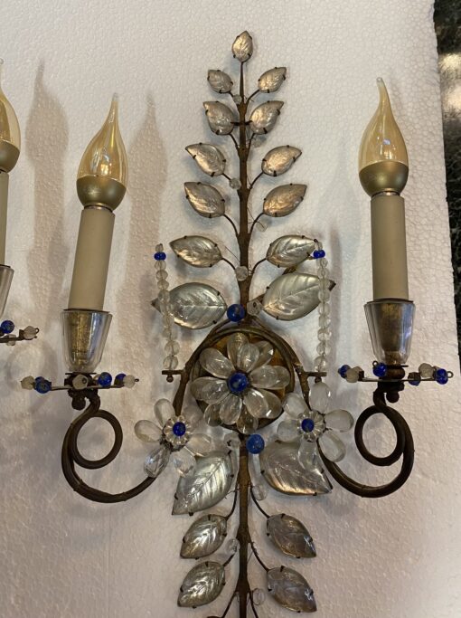 1950/70′ Pair of Maison Baguès Daisy Sconces H 57 cm With Blue Glass Beads - Image 5