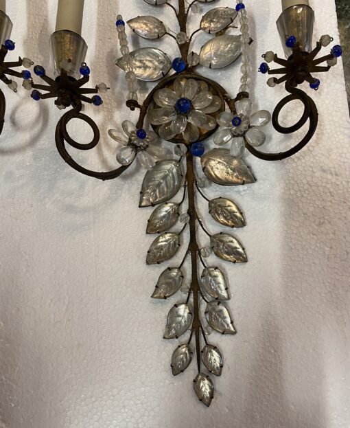 1950/70′ Pair of Maison Baguès Daisy Sconces H 57 cm With Blue Glass Beads - Image 6
