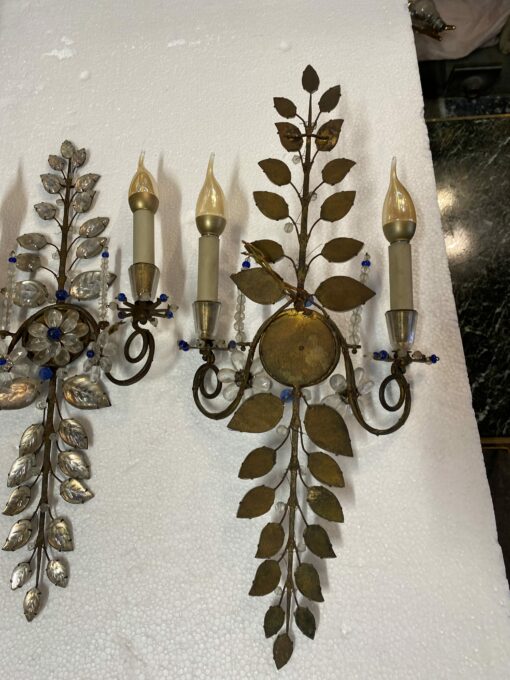 1950/70′ Pair of Maison Baguès Daisy Sconces H 57 cm With Blue Glass Beads - Image 7