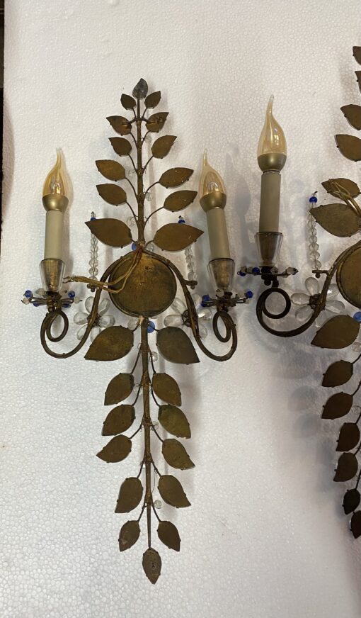 1950/70′ Pair of Maison Baguès Daisy Sconces H 57 cm With Blue Glass Beads - Image 8