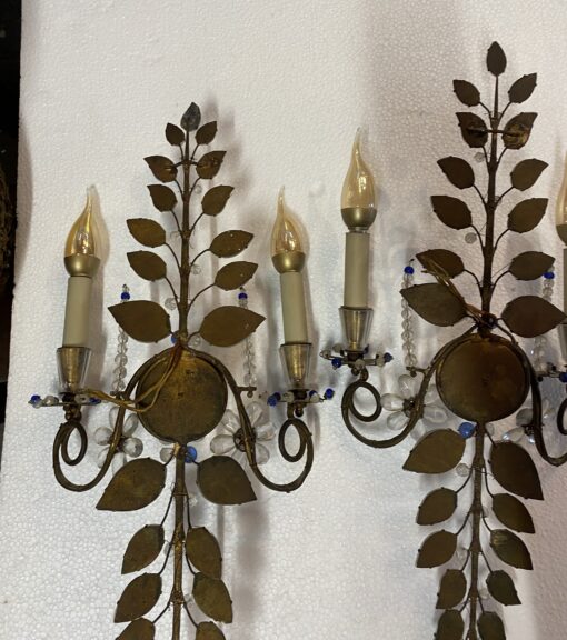 1950/70′ Pair of Maison Baguès Daisy Sconces H 57 cm With Blue Glass Beads - Image 9