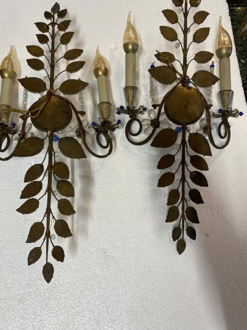 1950/70′ Pair of Maison Baguès Daisy Sconces H 57 cm With Blue Glass Beads - Image 10