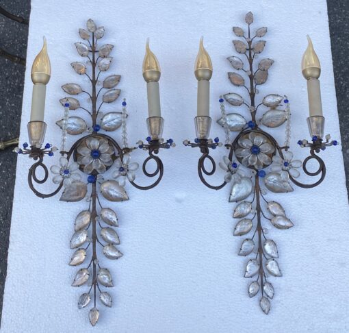 1950/70′ Pair of Maison Baguès Daisy Sconces H 57 cm With Blue Glass Beads - Image 12