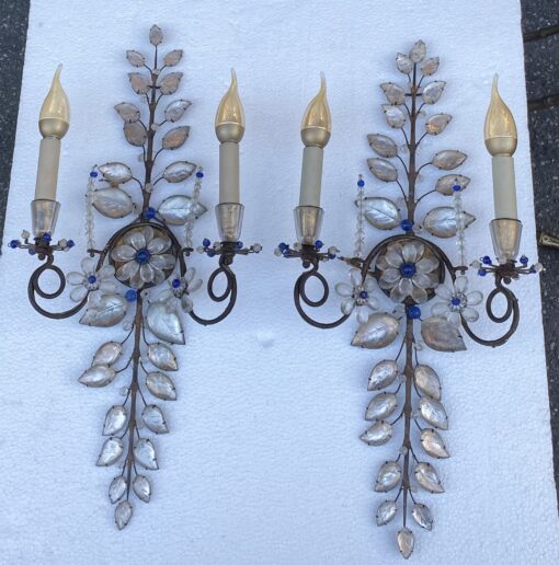 1950/70′ Pair of Maison Baguès Daisy Sconces H 57 cm With Blue Glass Beads - Image 13