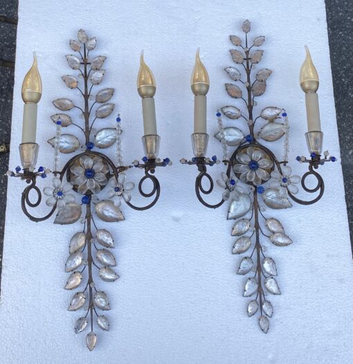 1950/70′ Pair of Maison Baguès Daisy Sconces H 57 cm With Blue Glass Beads - Image 14