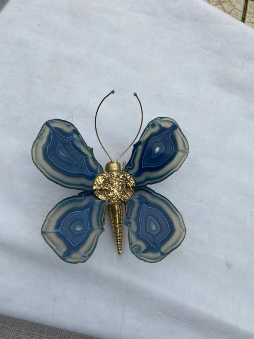 1970' Butterfly Wall Lamp in Bronze or Brass, Duval Brasseur Or Isabelle Faure, 1 Bulb, Blue Agate Wings: 28 X H 26 cm