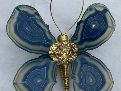 1970’ Applique Papillon en Bronze ou Laiton, Duval Brasseur Ou Isabelle Faure, 1 Ampoule , Ailes d’Agate Bleues : 28 X H 26 cm