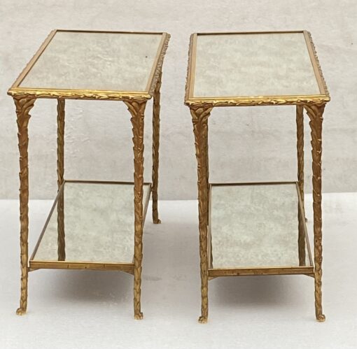 1970′ Pair Of Sofa Ends Maison Charles, Jansen Or Baguès Palm Tree Decor In Gilt Bronze With Aged Mirror Trays 71 X 32 X H 54 cm - Image 5