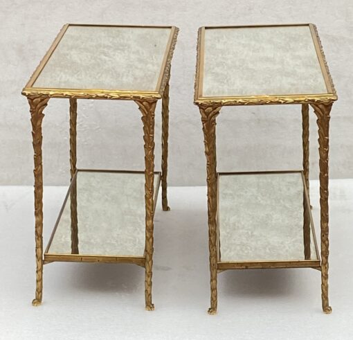 1970′ Pair Of Sofa Ends Maison Charles, Jansen Or Baguès Palm Tree Decor In Gilt Bronze With Aged Mirror Trays 71 X 32 X H 54 cm