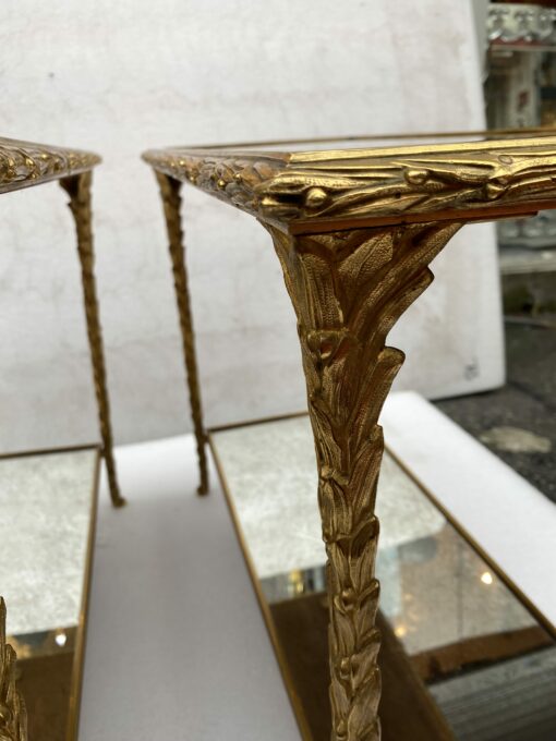 1970′ Pair Of Sofa Ends Maison Charles, Jansen Or Baguès Palm Tree Decor In Gilt Bronze With Aged Mirror Trays 71 X 32 X H 54 cm - Image 16